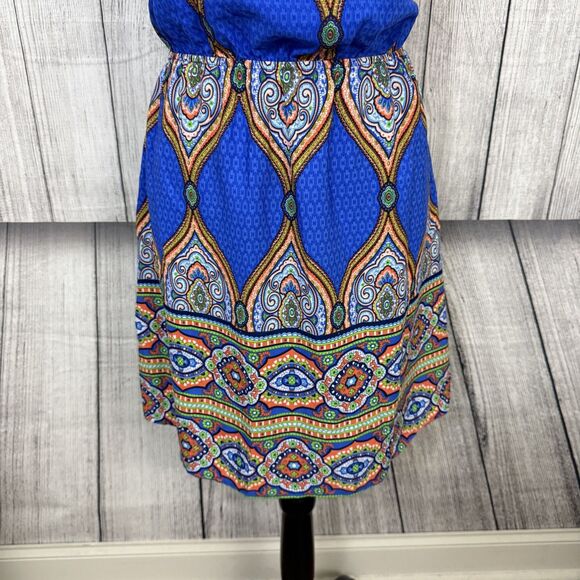Oddy Anthropologie Women Large Blue Ethnic Print Boho Spaghetti Strap Mini Dress - Picture 3 of 8